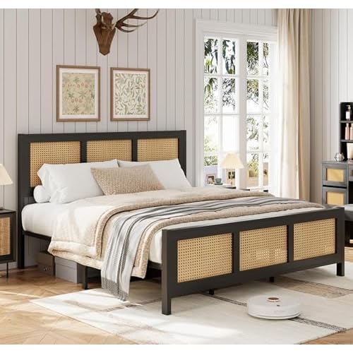 Garvee Rattan Bed Frame with Headboard, Bohe Platform Queen Bed Frame with Strong Metal Slats Support, No Box Spring Needed, Noise-Free Design, Black,
