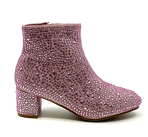 Forever Girls Rhinestone Boots Kids Low Heel Dress Booties Iceberg-12K Shoes Pink Rhinestone 13
