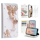 STENES Bling Wallet Case Compatible with Google Pixel 3a XL - Stylish - 3D Handmade Butterfly Pendant Crown Design Leather Case with Wrist Strap & Screen Protector [2 Pack] - White