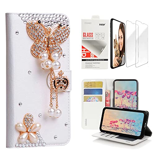 STENES Bling Wallet Case Compatible with Google Pixel 3a XL - Stylish - 3D Handmade Butterfly Pendant Crown Design Leather Case with Wrist Strap & Screen Protector [2 Pack] - White
