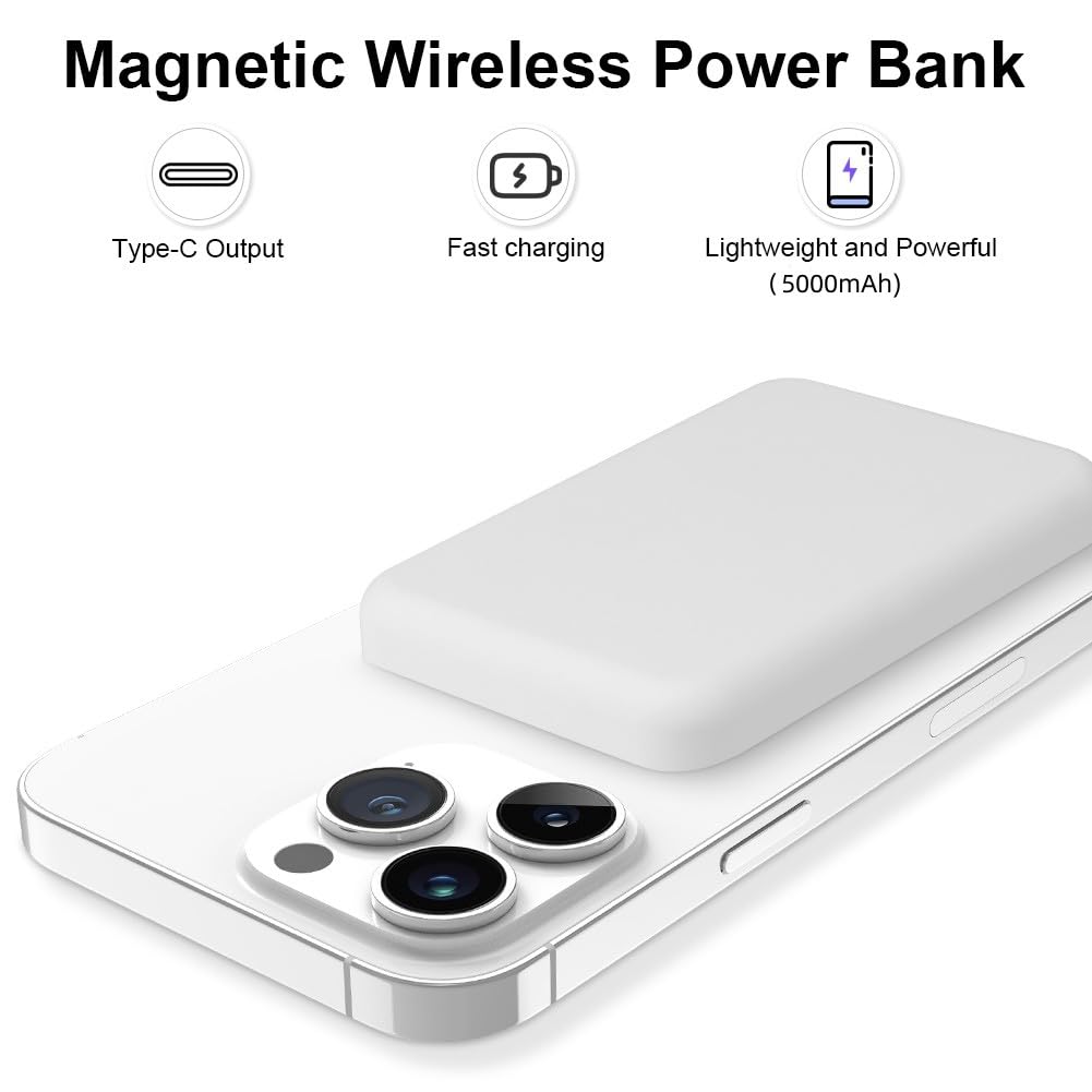 Batterie Externe Magnétique Flintronic - Power Bank 5000mAh - Charge Rapide Sans Fil - Compatible IPhone 15 à 12 - Portable Et Sûr - 6
