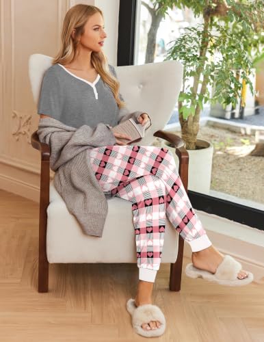 Image of Ekouaer Pajamas for Women Set 2 Piece Fall Lounge Sets Short Sleeve Pjs Joggers Long Pants Sleepwear with Pockets