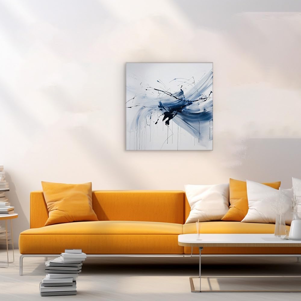 Canvas for Living room. Brushstrokes of Emotion: Exploring the Dynamic Contrast of Blue and Black on White, 27 x 18 inch Canvas Wall Art - Contemporary Masterpieces - Zen Wall Decor