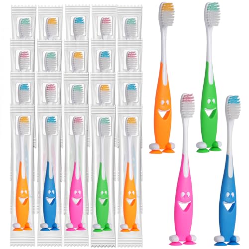 Newday 100 Pack Kids Toothbrush Bulk Soft Bristles Toddler Cute Toothbrush with Suction Cup Includes Travel Covers Individually Wrapped Toothbrushes for Kid Home School Daycare Camp (Shark)