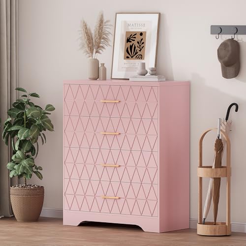 Tall Dressers for Bedroom with 4 Drawers, Pink Wood Dresser for Closet, Living Room, Hallway, Entryway, Wooden Nightstand for Bedside, Modern Chest of Drawers with Gold Handles, 38.6'H×31.5'W×15.8'D