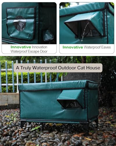 Outdoor Heated Cat House in Winter,Extremely Insulated & Weatherproof,Elevated Feral Cat Shelter with Waterproof Eaves & Escape Door for Outside Stray Barn Cat(Dark Green,L:28.0" Lx16.5 Wx20.0 Th)