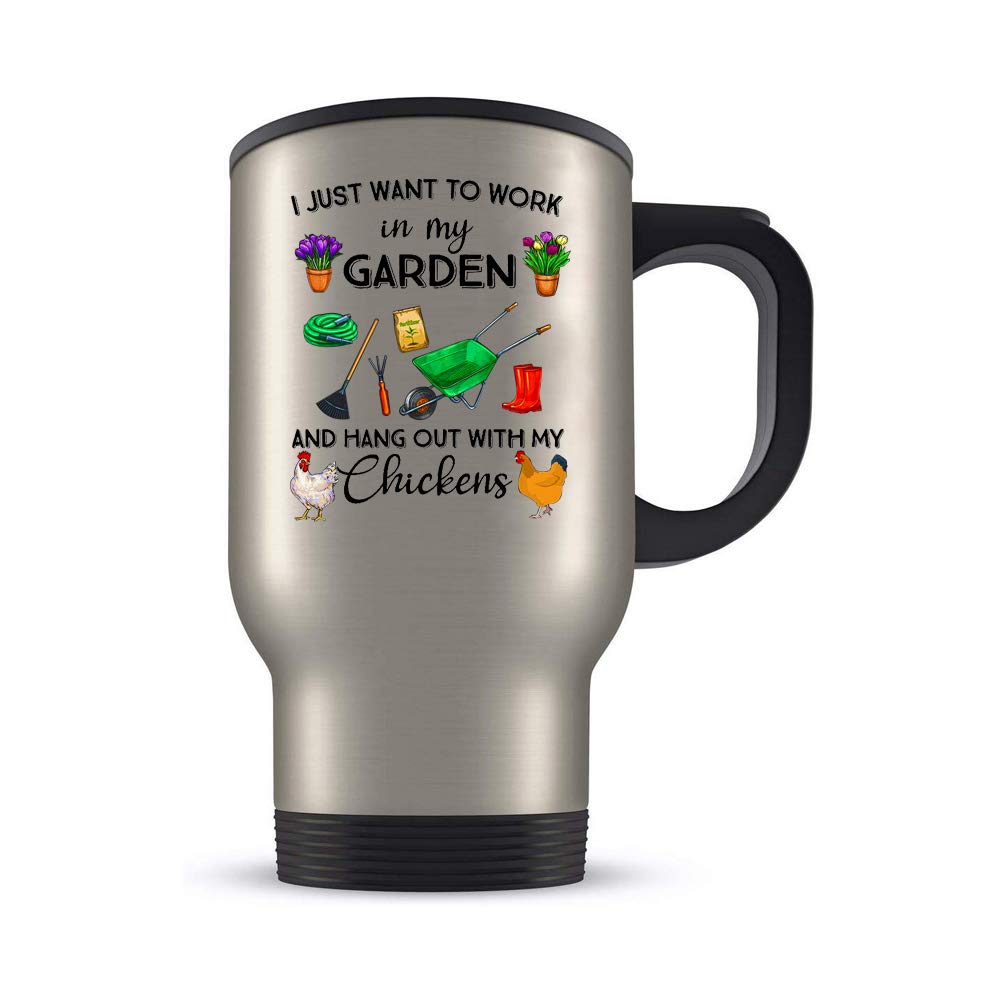 Funny Coffee Mug,I Just Want To Work In My Garden And Hangout With Chickens Mug, Best Chickens Gift, Gardener Farmer Cup, Retirement gifts for friends, colleagues, and family，14 oz Mugs