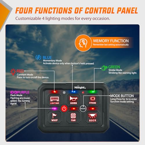 Image of Nilight 6 Gang Switch Panel Green 12V 60A Circuit Control System 4-Mode | Fuse Wiring Harness Automatic Dimmable LED Pod Toggle /Momentary /Strobe /Flash Modes for Car Pickup Truck Camper SUV
