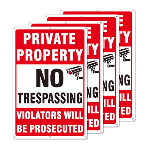 4 Pack Large Private Property No Trespassing Signs Aluminum No Trespassing Video Surveillance Sign No Trespassing SignsWeatherproof and Highly Visible for Property Protection (10x14 inches)
