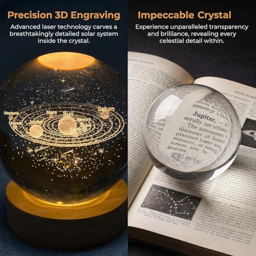 Image of 3.15 inch (80mm) Solar System Crystal Ball 3D Sun System Planets Model Globe with Wooden Base Home Decorative Ornament Astronomy Gifts for Lover Girlfriend