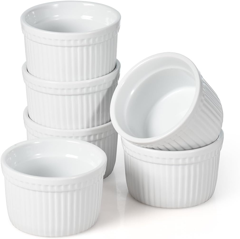 Ramekins Set of 6, Creme Brulee Ramekins 7 oz, White Dipping Sauce Dishes, Porcelain Ramekin Bowls for Baking, Souffle, Custard Pudding, Cake, Oven Safe