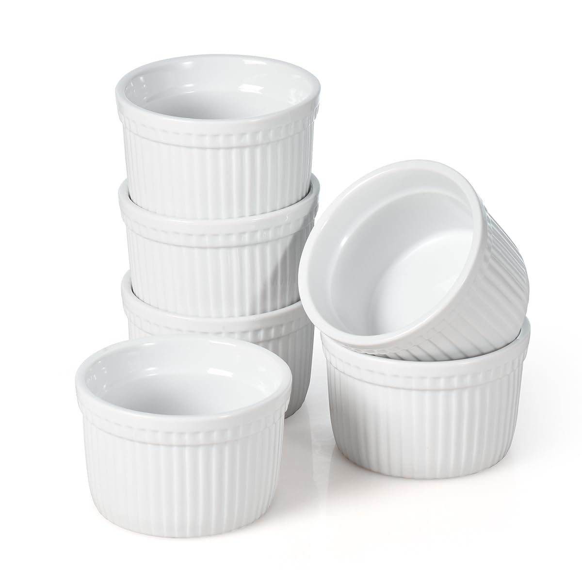 Ramekins Set of 6, Creme Brulee Ramekins 7 oz, White Dipping Sauce Dishes, Porcelain Ramekin Bowls for Baking, Souffle, Custard Pudding, Cake, Oven Safe