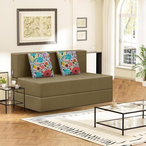Image of Rosebell Foldable 2 Seater Sofa Cum Bed, Sofa Bed 4 X 6 Feet, Jute Fabric- Washable Cover- Including Two Printed Cushion Perfect for Home & Office - Golden Color