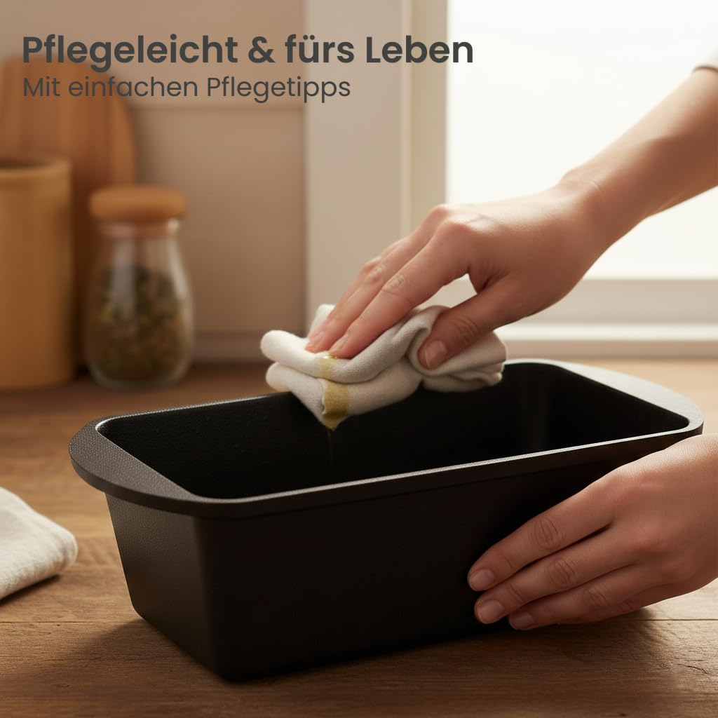 XENIA Brotbackform mit Deckel 28cm - Inkl. Silikongriffe - Gusseisen Kastenform für Brot & Sauerteig - 3L Dutch Oven & Bräter rechteckig - Brottopf für Induktion & Backofen geeignet