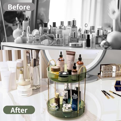 Image of Xmart India 360 Rotating Makeup Organizer - Transparent Cosmetic & Skincare Storage Rack for Dressing Table Lipstick, Perfume, Beauty Accessories & Bathroom Counter Organizer (2 Layer, Green)