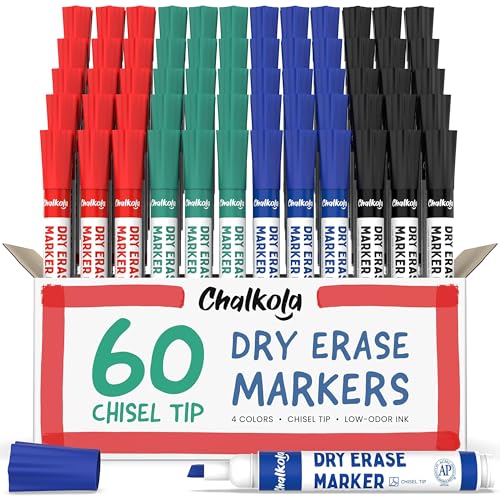 Chalkola Dry Erase Markers Bulk Pack of 60 Colors (15x Black, Red, Green Blue), White Board Markers Dry Erase Pens - Low odor Whiteboard Pens for Kids, Home, Office & Back to School Supplies