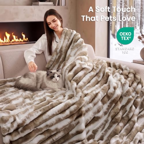 L'AGRATY Faux Fur Throw Blanket for Couch, 3D Striped, 50x60 Inches, Taupe $19.99 AC - image 2