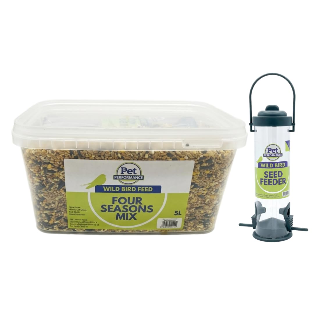 Copdock Mill Pet Performance Wild Bird Four Seasons Mix 5 Litre Tub Plus Feeder All Year-Round Seed 100% Natural Ingredients Suitable for All Wild Bird Species