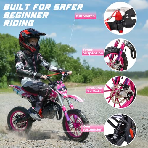 50cc Kids Dirt Bike, 2-Stroke Gas Powered Mini Dirt Bike for Kids 8–14, Off-Road Gas Dirt Bike with Disc Brakes, 2.50-10 Tires, Pull Start - Image 3