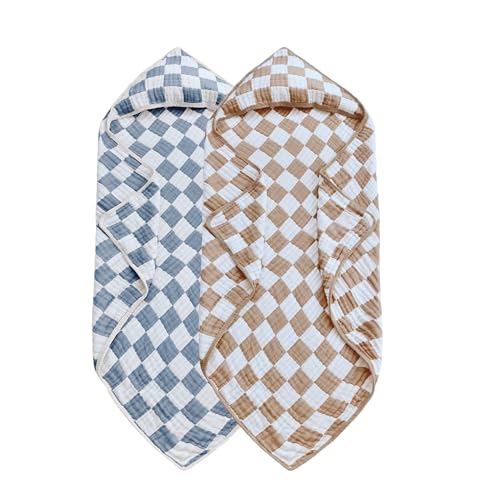 Image of Brnabiou Ultra Soft Checkered Muslin Hooded Baby Towels for Newborn Boys and Girls 2 Pack 32x32 inch Cotton Muslin Baby Bath Towels for Newborns Toddlers,Newborn Essential (Blue and Coffee)