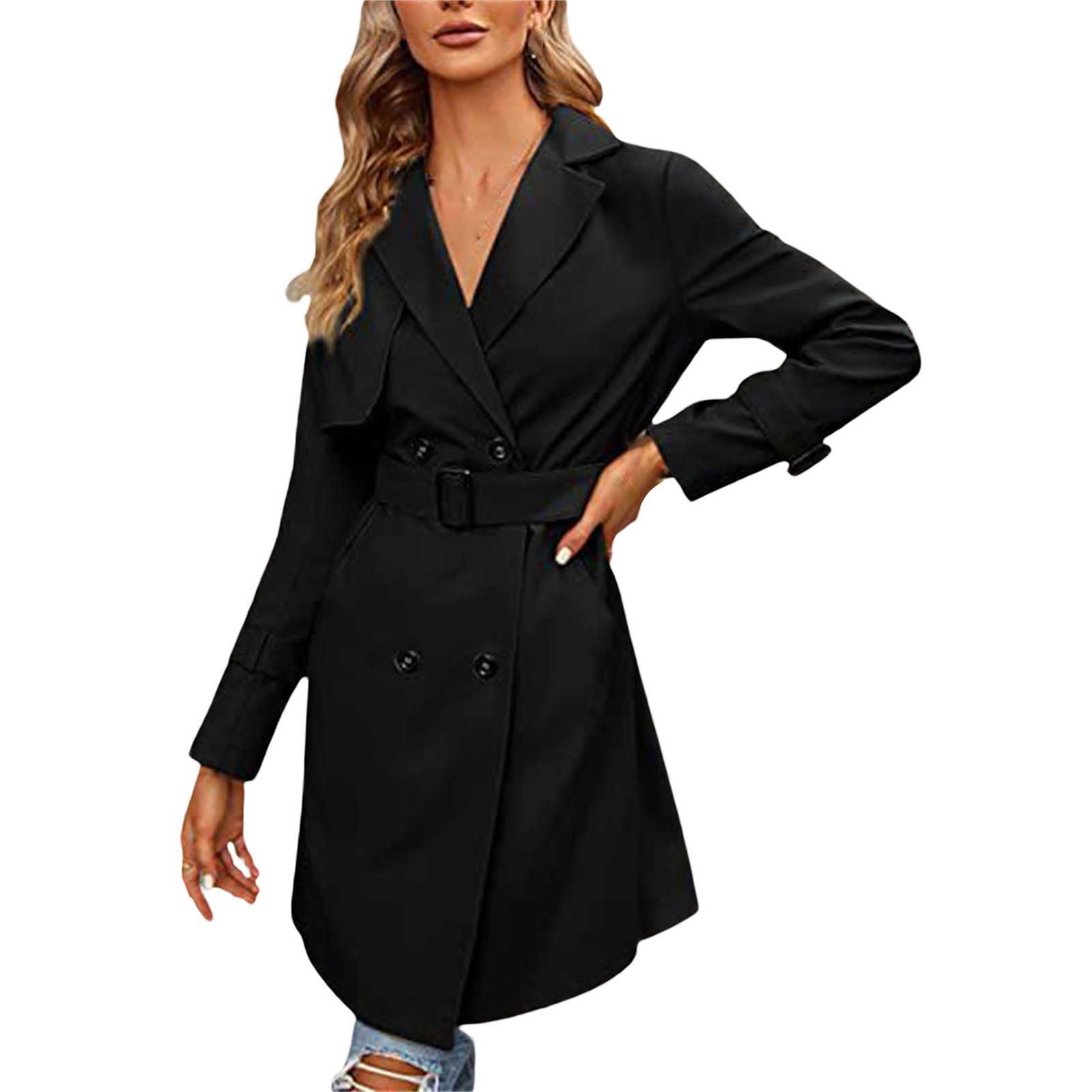 Generico Cappotto Di Lana Donna Autunno e inverno donna Tinta unita Fascia in vita bavero Doppio Trench Cappotto Donna Casual Trench versatile Piumini Donna Invernali (Black, S)