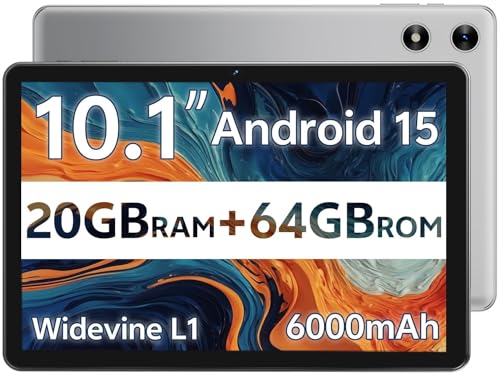 SVITOO Android Tablet 10 Inch, Android 15 Tablet for Kids Adults, 20GB RAM 64GB Storage 1TB Expandable, Dual Cameras 8MP 2MP, 6000mAh Dual Speakers WiFi 6 Gray