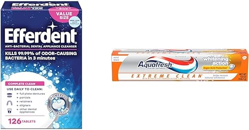Efferdent Tabletas de limpieza retenedoras, 126 tabletas y pasta dental blanqueadora Aquafresh Extreme Clean, 5.6 onzas