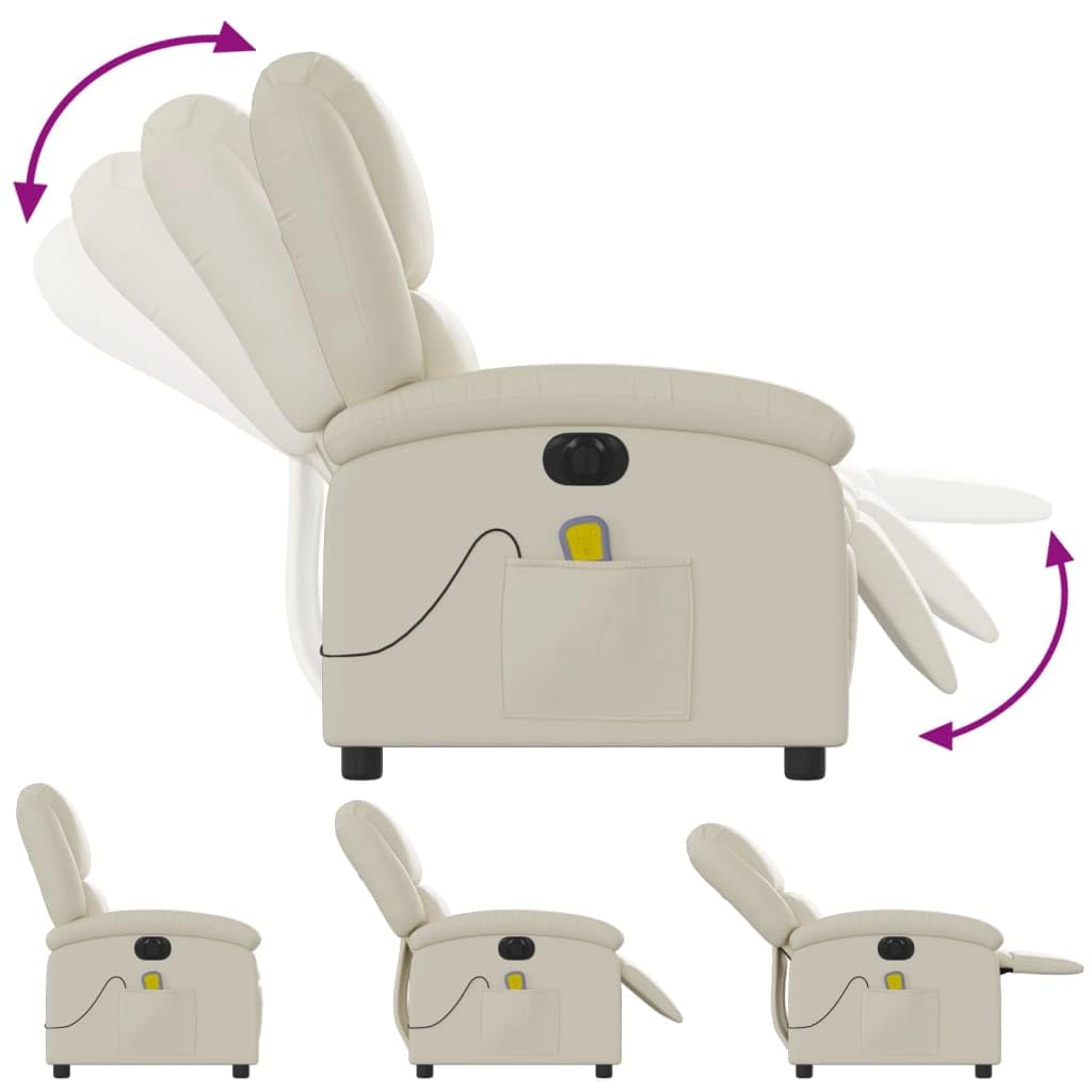 Massagesessel elektrisch in Creme Kunstleder mit 6-Punkt-Vibrationsmassage, Verstellbarer Rückenlehne und Fußstütze, Holz-Metall-Gestell, ergonomischer Sessel mit Seitentasche
