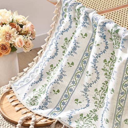 Image of Yinhua Boho Valance Curtains Vintage Linen Kitchen Valances for Windows Light Filtering Bohemian Floral Valance Rod Pocket Tassel Window Valances for Bathroom Cafe, 52 inch W X 18 inch L, Blue Green Floral