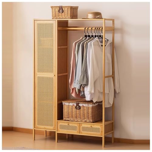 aoiuaoeniu Armario de Puertas de Ratán con Barra de Colgar y Estantes, 2 cajones de ratán, Gran Capacidad, Transpirable, Moderno Perchero de Pasillo, para Dormitorio y salón : 102x33x160CM