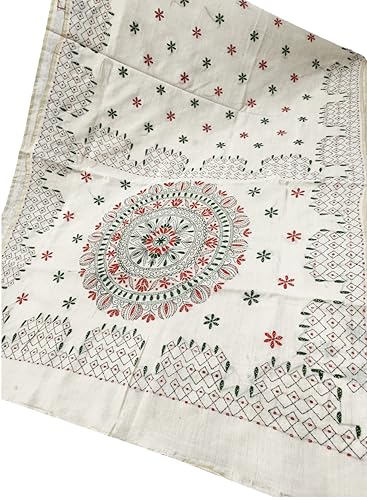 Image of SHRISTI CLOTHINGS Women's Hand Embroidered Cotton Silk Kantha Stitch Saree with Blouse Piece (SB4200924 OFFWHITED91)