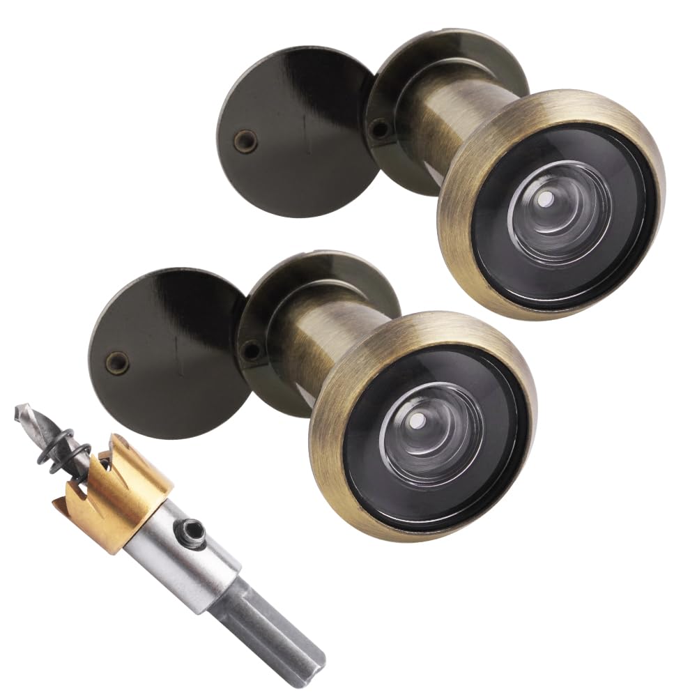 Tahikem 2 Set Door Viewer Peephole, Door Viewers with 0.63inch/16mm Drill Bit Kit, Fits 1-3/8" To 2-1/4" Front Door, 200° Wide Angle Peep Eye Hole, Anti Peeping Reverse Privacy Covers - Brushed Bronze