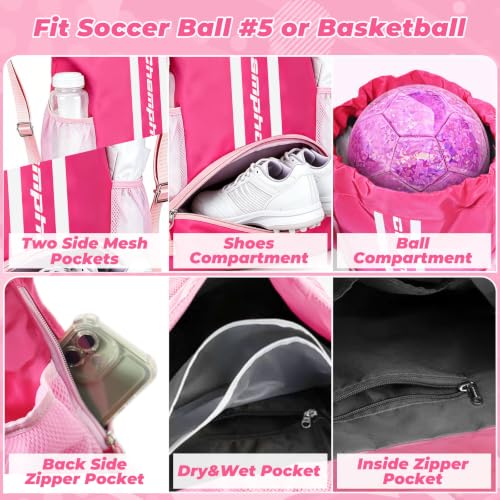 Image of Soccer Bag, Youth Drawstring Backpack for Volleyball Basketball Sports | with 1 Shoes Compartment 1 Wet&Dry Pocket 2 Side Mesh Pockets 2 Zipper Pockets Bag for Gym Training Swimming Back to School