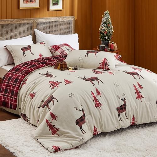 Image of Bedsure Christmas Comforter Set Queen - Christmas Bed Set with Reindeer, Soft Bedding for Holiday, 3 Pieces, 1 Reversible Buffalo Check Printed Comforter and 2 Pillow Shams