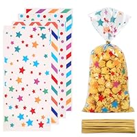 Rainbow Color Sweet Bags,100 PCS Cellophane Treat Bags with 100 Twist Ties Polka Dot Stripes Printed Pattern Rainbow Gift Bags for Candy Soap Cookie Chocolates Birthday Wedding