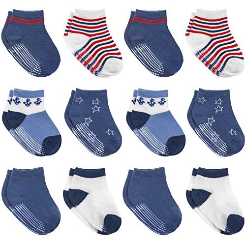 12 Pairs Non-Slip Toddler Socks With Grips for Baby Boys and Girls - Anti-Slip Crew Socks for Infant's and Kids