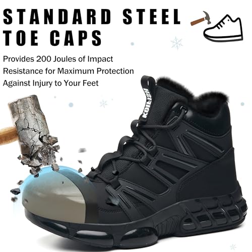Image of KOIFISH Winter Steel Toe Work Boots for Men Women, Waterproof Warm Fur Lined Safety Boots, Steel Toe Shoes with Air Cushion, Comfortable for Industrial Construction Warehouse Factory Logistics