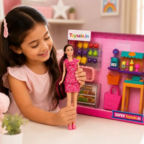 Image of Alia Super Mega Mart Doll Playset with Shopping Accessories | Fashion Doll, Grocery Store Play Set with Cart, Counter, Refrigerator & Food Items | Pretend Play Toy for Girls 3+ Years