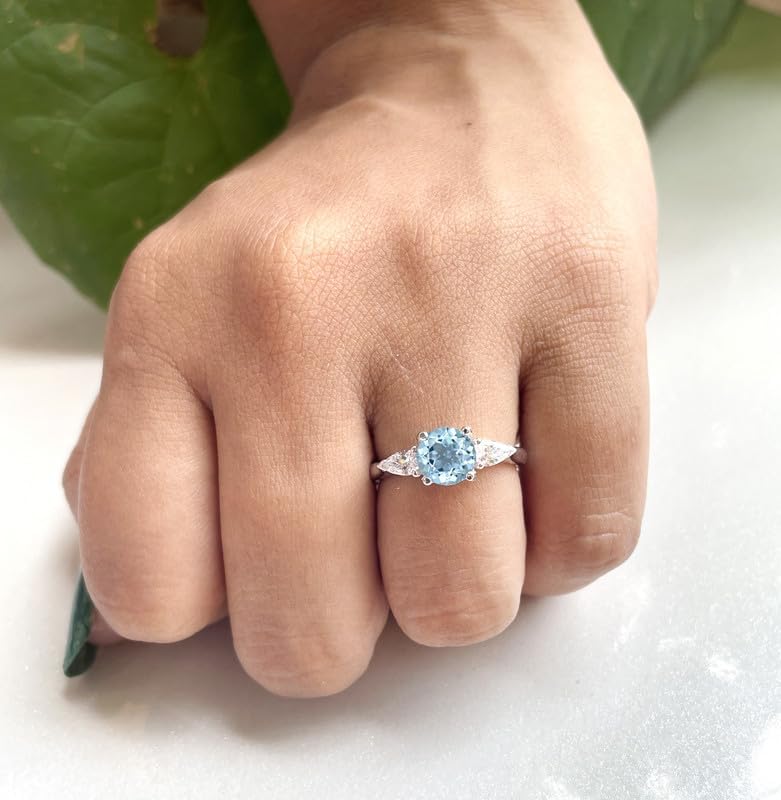 Round & Pear Cut Blue Topaz And White Diamond 3 Stone Engagement Ring, 14k Gold Finish Ladies Bridal Three Stone Propose Ring, Topaz & Diamond Ring