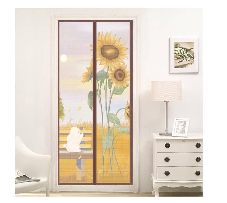 Image of Sun Flower Mosquito Net for Door Polyester Magnetic Curtain Auto Closing Insect Screen for All Door Types & Sizes with Self Adhesive Hook Tape (210 * 100cm)