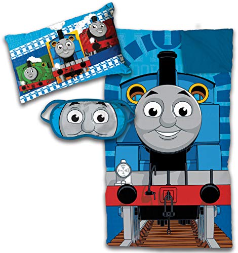 Thomas the Tank Engine 3 Piece Sleepover Set - Cozy & Warm Kids Slumber Bag with Pillow & Eye Mask (Official Thomas the Train Product)