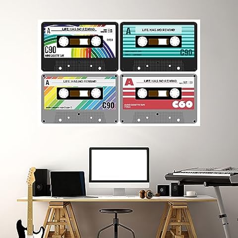 CuteDecals Personalized Retro Audio Cassette Tapes Wall Decal - Vintage Cassettes Tapes Wall Art Decor - Music Decal - Wall Decal for Home Bedroom Decoration (Wide 20 inx13 in Height) Cover