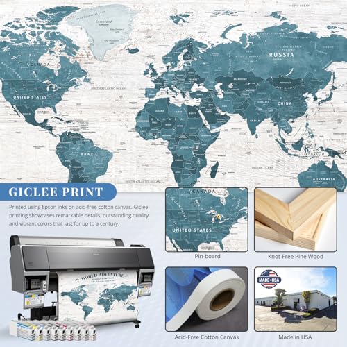 Image of IPIC - Antique Blue World Travel Map, Pin Board Canvas Wall Art, Travel Map with Pins Included, Ready to Hang for Home or Office, 40x30 Inch