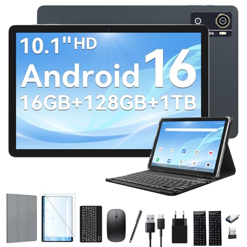 KADYBE Tablet 10 pulgadas Android 16 con teclado ratón lápiz funda, 9 en 1 juego completo, 16 GB +128 GB, desbloqueo facial, cámara de 13 MP, 7000 mAh, GPS, WiFi 5, Bluetooth 5, tablet de negocios