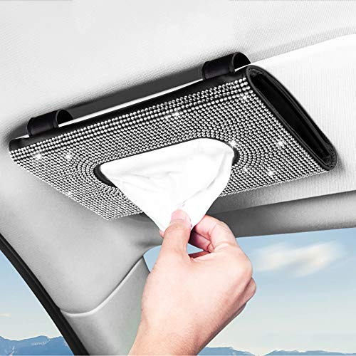 eing Car Sun Visor Tissue Box Holder Bling BlingCrystal Sparkling Napkin Holder,PU Leather Backseat Tissue Case Car Accessories for Women,Black+Pure White