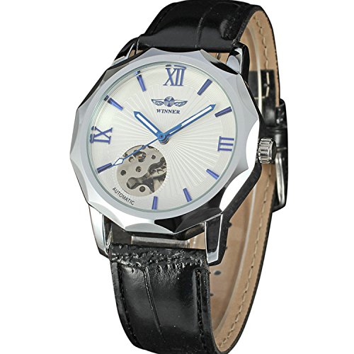 Winner Brand Blue Pointer Watch Men Clock Business Mechanical Automatic Bracelet Leather Strap Silver Wristwatch