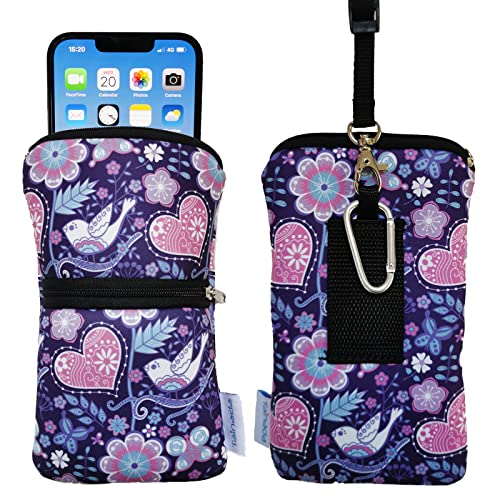 Image of Tainada Women Cell Phone Neoprene Shockproof Zipper Sleeve Case Bag Pouch w /Carabiner, Neck Lanyard, Belt Loop Holster for iPhone 17 /16 /15 Pro Max, 16 /15 Plus; Samsung S25+, S24, A56 (Purple Floral)