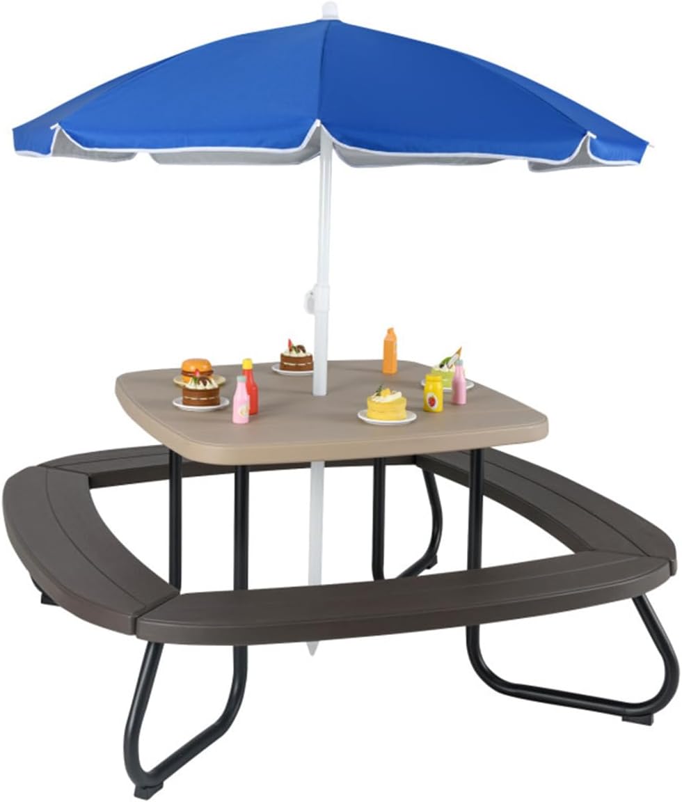 Outdoor Picnic Table with Adjustable Sun Umbrella, Heavy-Duty HDPE Activity Table, HDPE Material, 49x49x39-63 Inch, Benches for Play, Garden, Patio, Backyard (Black)