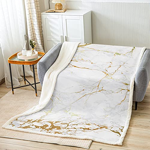 Couverture en marbre blanc - Texture pierre abstraite - Décoration de chambre pour garçons et adolescents - Blanc et doré marbré - Couverture pelucheuse de luxe - Taille bébé (76,2 x 101,6 cm) Cover