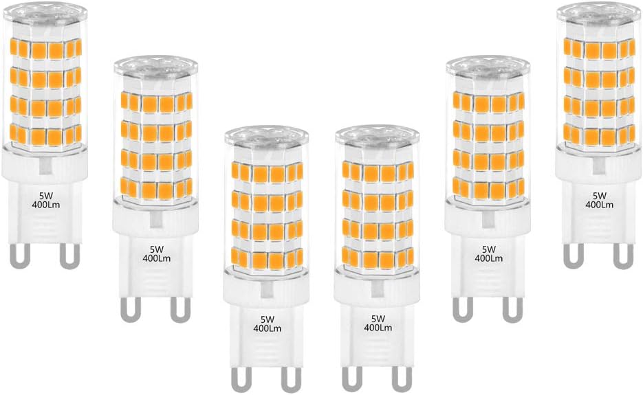 Standard G9 LED small light bulb - warm white - 3000K / replacement for 40W G9 halogen bulb - best for chandelier, mirror- and ceiling light, pack of 6, Plastic, G9, 5.00 wattsW, 240.0 voltsV